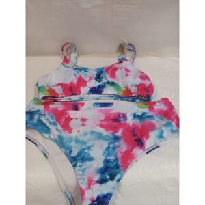 Tie Dye High Waisted Bikini Set Multicolor Scoop Neck Two Piece Swimsuit XL